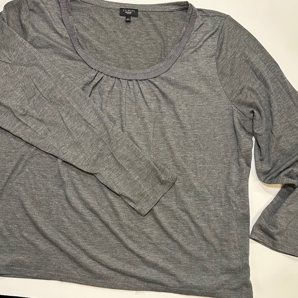 Talbot's Women 3X Long Sleeve Top Dark Heather Grey Pleated Neck Line Officeware